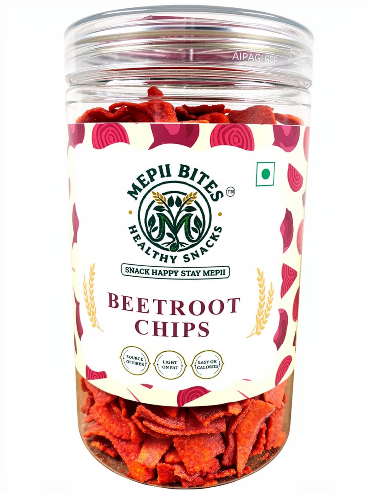 Ruby-red vacuum cooked Beetroot Chips: 100% natural color & crunch.