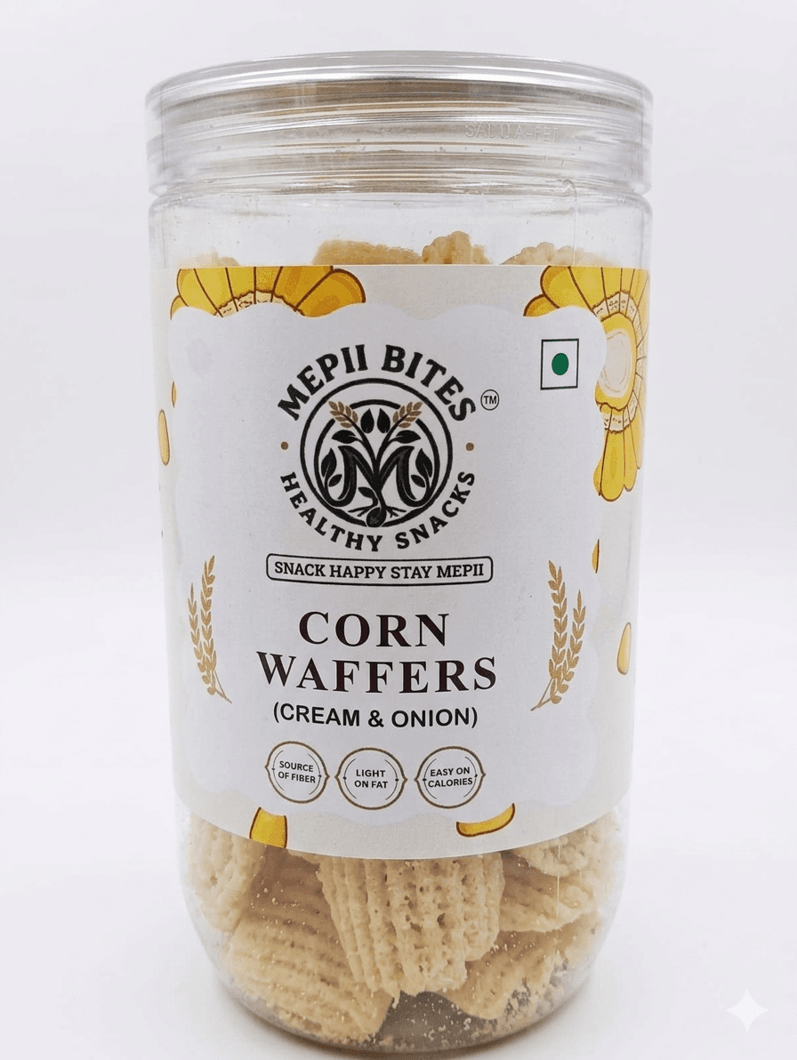 Lattice Corn Waffers with velvety cream & garden spring onion.